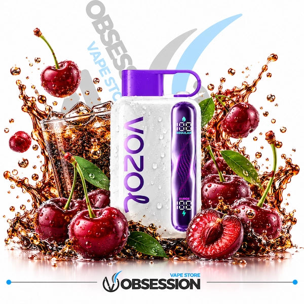 A white and purple VOOZ vape device with a digital screen, surrounded by fresh red cherries and a glass of cola with a dramatic liquid splash on a white background. The brand 'Obsession' is visible at the bottom.