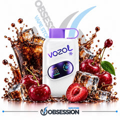 A white Vozol vape device with a purple mouthpiece and a digital display, surrounded by fresh red cherries, ice cubes, and splashing dark soda on a white background. The text 'OBSESSION VAPE STORE' is visible at the bottom.