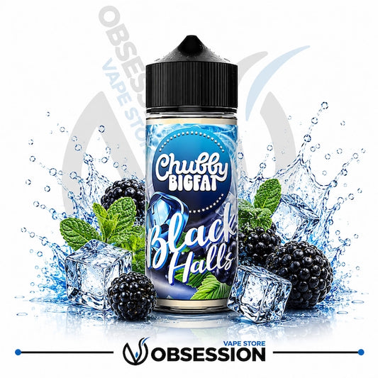Chubby Girl Black Halls vape juice bottle with blackberries and mint leaves on a white background.