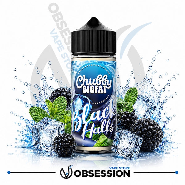 Chubby Girl Black Halls vape juice bottle with blackberries and mint leaves on a white background.
