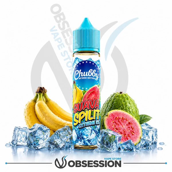 Chubby Guava Split vape juice bottle with guava, banana, and ice cubes on a white background.