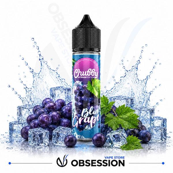 Vape juice bottle labeled 'Blue Grape' with grapes and ice cubes on a white background, featuring the brand 'Obsession Vape Store'.