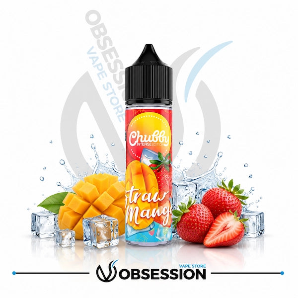 Chubby Straw Mango vape juice bottle with fresh strawberries, cubed mango, and ice-themed elements on a white background.