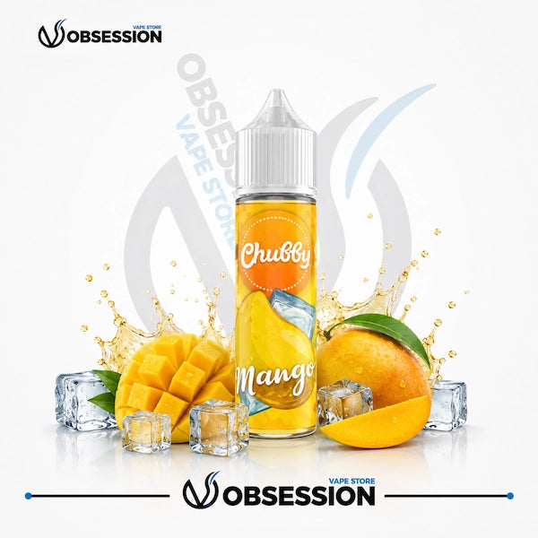 Chubby Mango vape juice bottle with whole and cubed fresh mango and ice-themed elements on a white background.