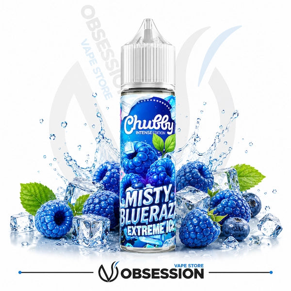 Chubby Clouds Misty Blue Razz vape juice bottle with blueberries and ice cubes on a white background.