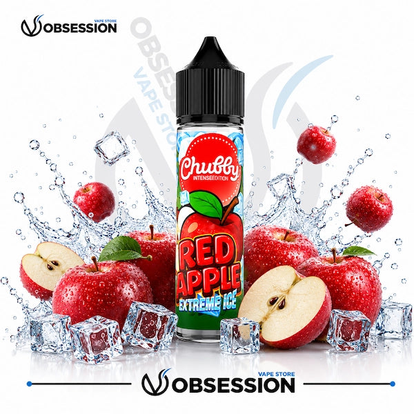 Chubby Red Apple Extreme Ice vape juice bottle with whole and halved red apples and ice-themed elements on a white background.