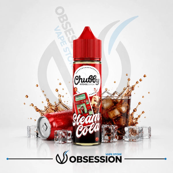 Chubby Steam Cola vape juice bottle with a red soda can, a glass of cola with ice, and splashing liquid elements on a white background.