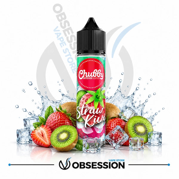 Chubby Straw Kiwi vape juice bottle with fresh strawberry, kiwi fruit, and ice-themed elements on a white background.