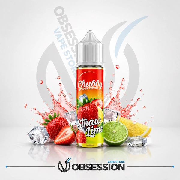 Vape juice bottle with strawberry and lime elements on a white background, featuring 'Obsession Vape Store' branding.