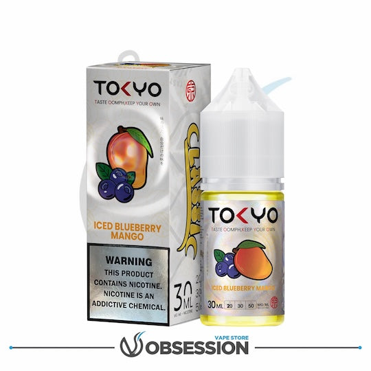 TOKYO Iced Blueberry Mango vape juice bottle and packaging on a white background with 'Obsession Vape Store' branding.