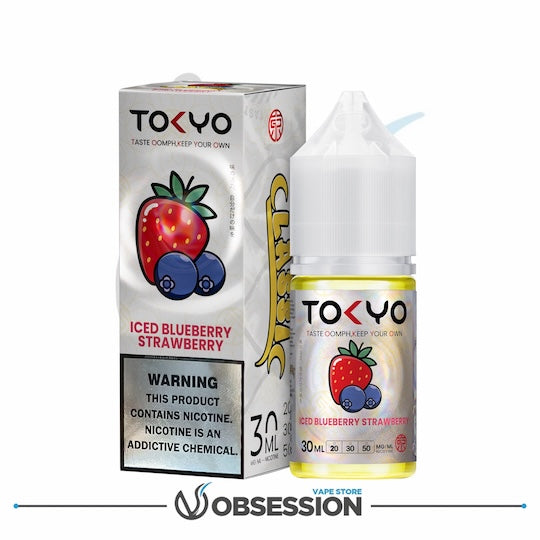 Tokyo Iced Blueberry Strawberry vape juice packaging with warning label on a white background.