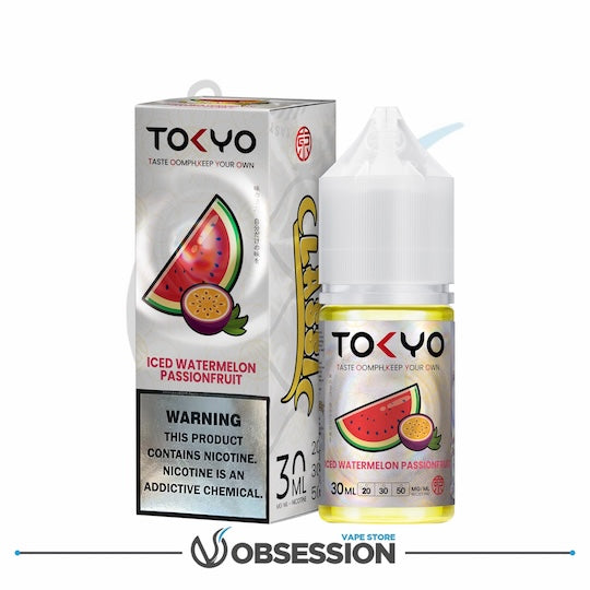 Tokyo Iced Watermelon Passionfruit vape juice packaging with warning label on a white background.