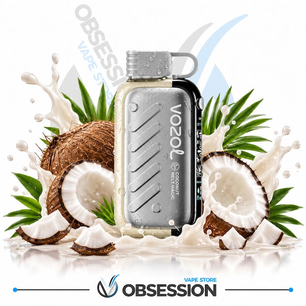 A silver and black Vozol Coconut flavor vape device is centered against a white background, surrounded by graphic elements of coconuts, sliced coconuts, green leaves, and milk splashes to represent the coconut flavor. The Obsession Vape Store logo is visible at the bottom.