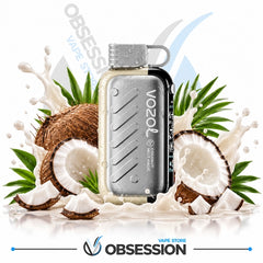 A silver and black Vozol Coconut flavor vape device is centered against a white background, surrounded by graphic elements of coconuts, sliced coconuts, green leaves, and milk splashes to represent the coconut flavor. The Obsession Vape Store logo is visible at the bottom.