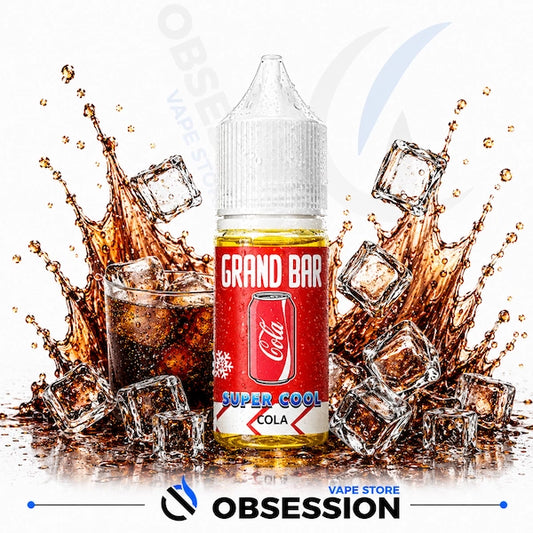 Grand Bar Super Cool Cola vape juice bottle with cola splash and ice cubes, Obsession Vape Store logo.