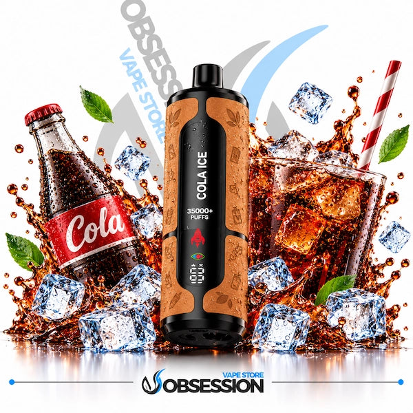 A black and brown patterned vape device labeled 'COLA ICE' stands centered in front of a stylized cola bottle, a glass of iced cola with ice cubes, leaves, and a straw on a white background. Large text includes 'OBSESSION VAPE STORE' and 'OBSESSION'.