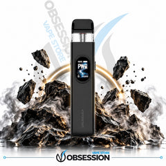 A black Magresso vape device with a digital display screen, standing on a stylized pile of floating rocks and smoke. The background is white with a faint 'Obsession Vape Store' watermark and logo at the bottom.