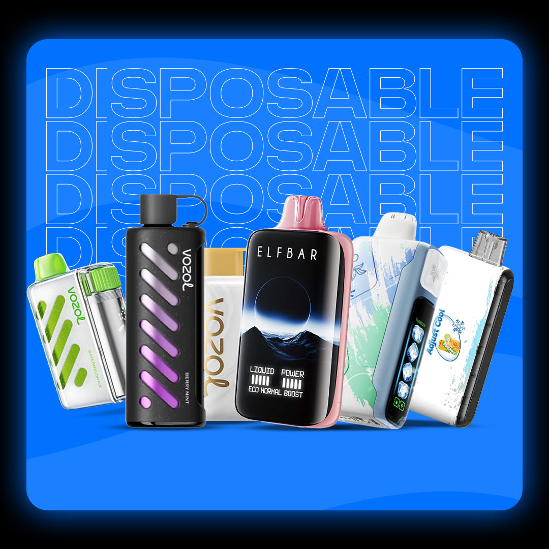 Collection of disposable vape devices on a blue background with 'DISPOSABLE' text.