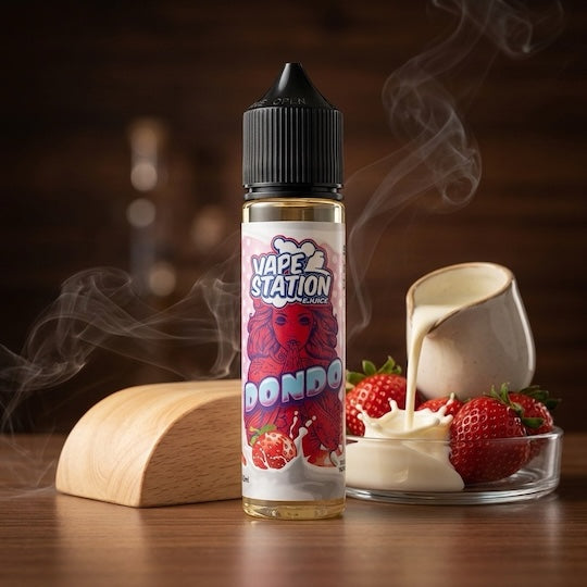 Vape station Dondo vape juice bottle with strawberries and cream on a wooden surface