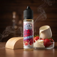 Vape station Dondo vape juice bottle with strawberries and cream on a wooden surface