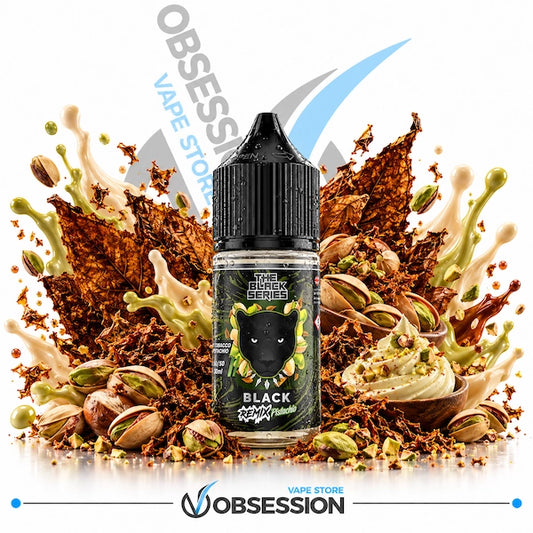 A bottle of Obsession The Dark Series Black Pistachio Flavour e-liquid stands in the center, surrounded by a stylized graphic arrangement of pistachios, brown leaves, and green gel splatters on a white background.