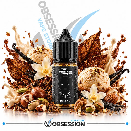 A bottle of Obsession Vape Store 'The Panther Series' e-liquid in the flavor 'Black', centered against a white background with rich chocolate-themed illustrations including ice cream scoops, vanilla beans, hazelnuts, and brown leaves.