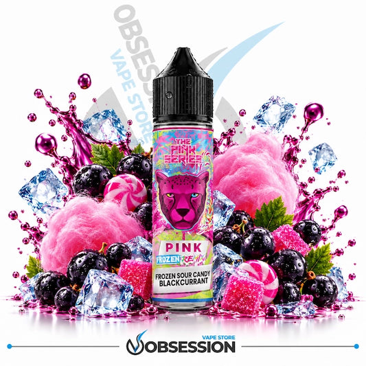 Dr Vapes The Frozen Series Pink Frozen Remix DL 60ml shows a 60ml bottle of Dr. Vapes "The Pink Series: Pink Frozen Remix" (Frozen Sour Candy Blackcurrant) e-liquid with a black dropper cap covered in condensation droplets, positioned centrally in an icy confectionery and fruit composition