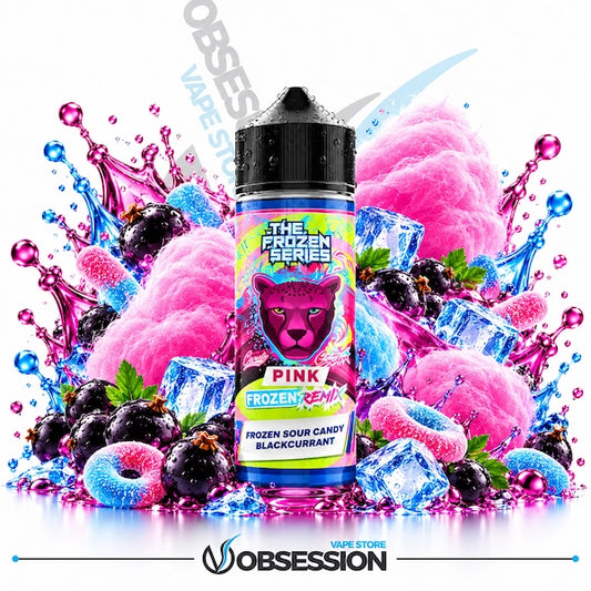 Chill your senses with The Frozen Series Pink Frozen Remix by Dr Vapes, now available at Obsession Vape Store—featuring an exhilarating fusion of frozen sour candy and rich blackcurrant, surrounded by fluffy pink cotton candy, sweet gummy rings, and icy splashes for an intense, frosty vape.   