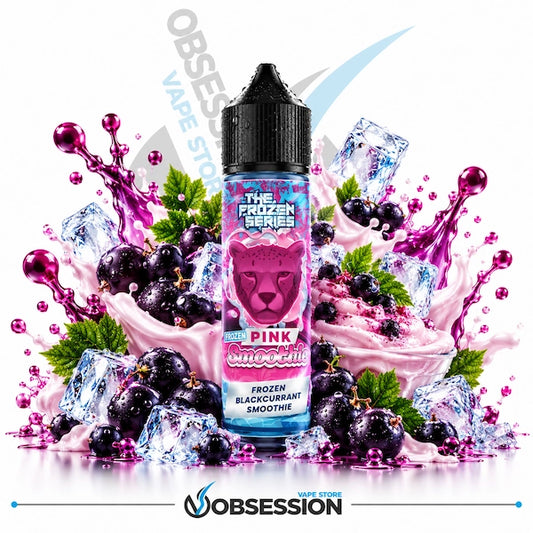 Dr Vapes The Frozen Series Pink Frozen Smoothie DL 60ml shows a 60ml bottle of Dr. Vapes "The Frozen Series: Frozen Pink Smoothie" (Frozen Blackcurrant Smoothie) e-liquid with a droplet-covered black dropper cap, positioned centrally in an icy dessert and fruit composition