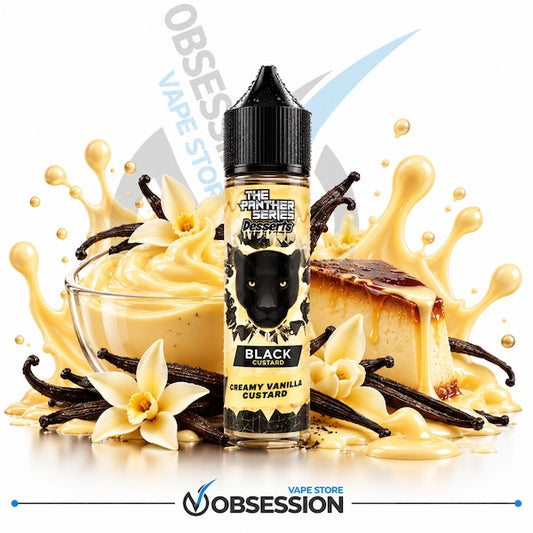 Dr Vapes The Panther Series Desserts Black Custard DL 60ml shows a 60ml bottle of Dr. Vapes "The Panther Series Desserts: Black Custard" (Creamy Vanilla Custard) e-liquid with a droplet-covered black dropper cap, positioned centrally in an indulgent dessert and vanilla presentation