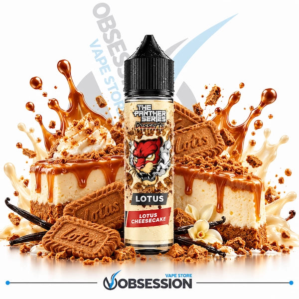 Dr Vapes The Panther Series Desserts Lotus DL 60ml shows a 60ml bottle of Dr. Vapes "The Panther Series Desserts: Lotus" (Lotus Cheesecake) e-liquid with a droplet-covered black dropper cap, centered in an indulgent bakery and dessert scene