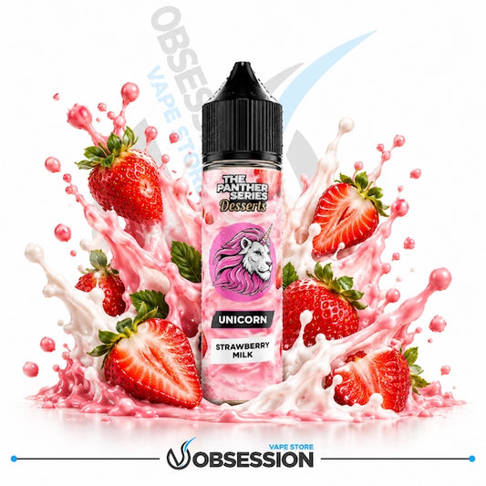 A bottle of Obsession 'The Panther Series 1100' Strawberry Milk e-liquid, featuring a pink label with a unicorn graphic, surrounded by fresh strawberries and pink milk splashes on a white background.
