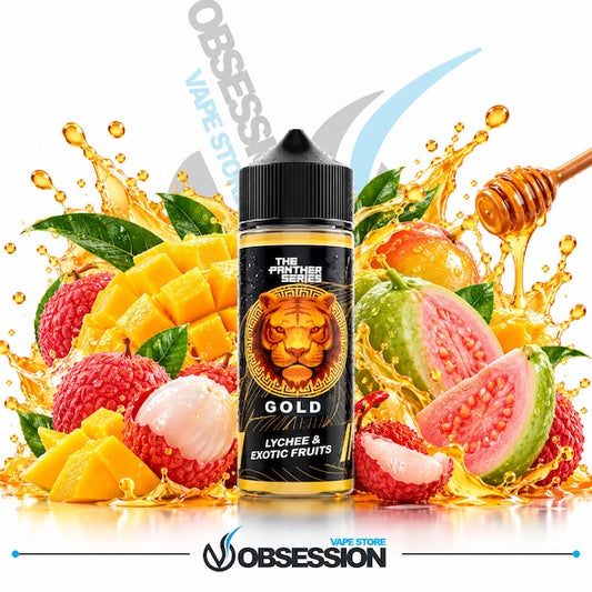 Experience a tropical escape with The Panther Series Gold by Dr Vapes, now available at Obsession Vape Store—featuring a luscious blend of juicy lychee, exotic fruits, sweet ripe mango, and pink guava drizzled in golden honey splashes for an opulent, flavorful vape.   