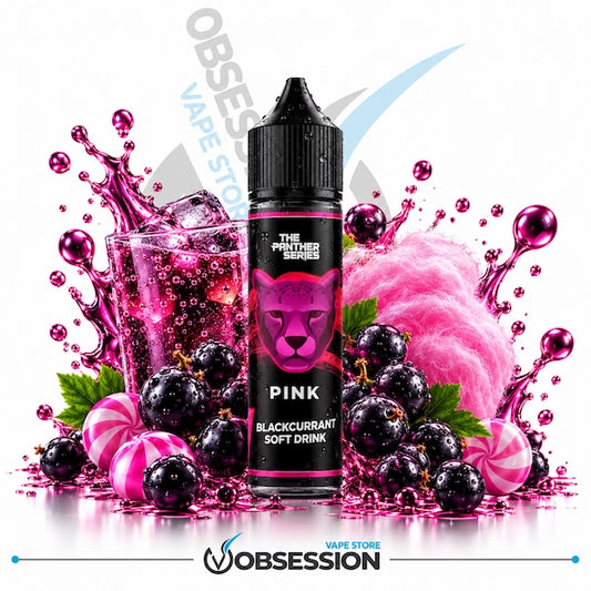 Dr Vapes The Panther Series Pink DL 60ml shows a 60ml bottle of Dr. Vapes "The Panther Series: Pink" (Blackcurrant Soft Drink) e-liquid with a droplet-covered black dropper cap, positioned centrally in an effervescent soda and fruit composition