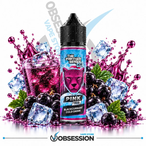 Dr Vapes The Panther Series Pink Ice DL 60ml shows a 60ml bottle of Dr. Vapes "The Panther Series ICE: Pink Ice" (Blackcurrant Cold Drink) e-liquid with a droplet-covered black dropper cap, positioned centrally in an ice-cold beverage and fruit composition