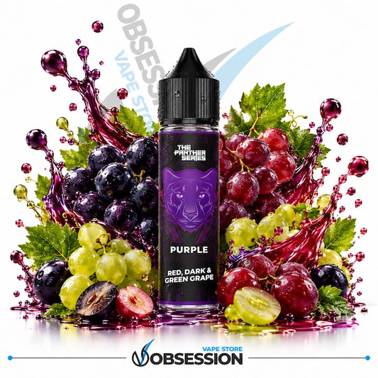 A bottle of Obsession Purple e-liquid by The Panther Barrel, surrounded by a dynamic splash of red, purple, and green grapes with leaves on a white background.