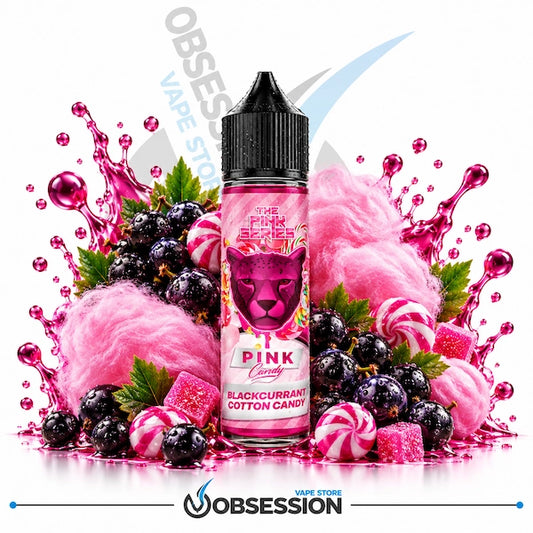 Dr Vapes The Pink Series Pink Candy DL 60ml shows a 60ml bottle of Dr. Vapes "The Pink Series: Pink Candy" (Blackcurrant Cotton Candy) e-liquid with a black dropper cap covered in fine condensation droplets, positioned centrally in an energetic sweet and fruit composition