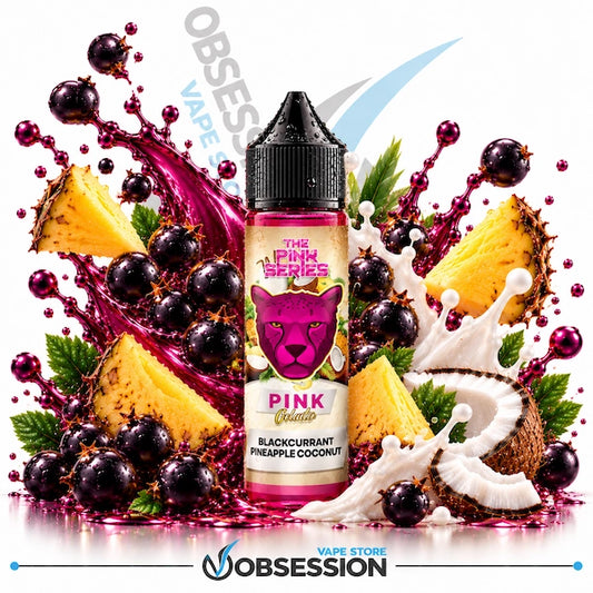 A bottle of Obsession Vape 'The Pink Series' Blackcurrant Pineapple Coconut flavor e-liquid, centered against a dynamic background of pineapple slices, blackcurrants, coconut, and milk splashes. The bottle features a pink cat logo and is labeled 'Pink Vanilla'.