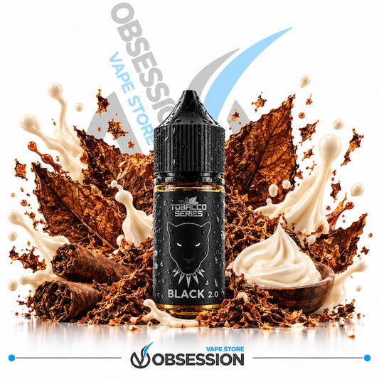 Dr Vapes Tobacco Series Black 2.0 Salt 30ml.webp shows a bottle of Dr. Vapes "Tobacco Series: Black 2.0" nicotine salt vape juice, featuring a black panther emblem on the label and a black dropper cap covered with condensation droplets. The bottle is positioned centrally and surrounded by rich, dessert and tobacco-themed visual elements