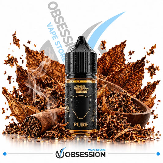 A bottle of Obsession Tobacco Pure e-liquid vape juice, styled with dried tobacco leaves, a rolling tobacco leaf, and a wooden bowl on a white background with a faint Obsession logo.