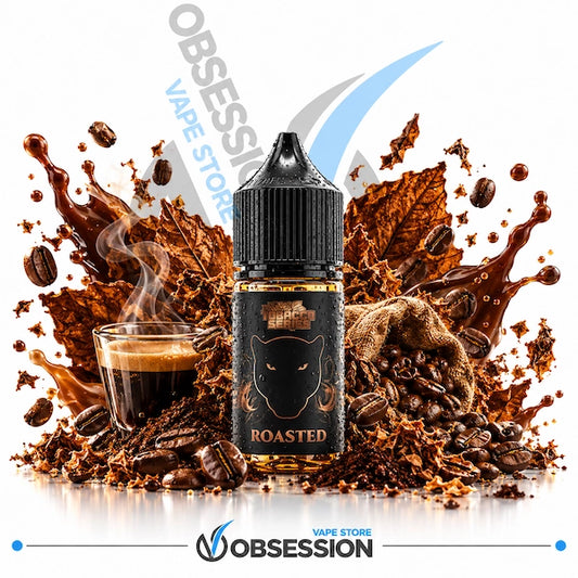 A bottle of Obsession Vape Store 'Roasted' e-liquid centered against a white background, surrounded by a dynamic graphic splash of coffee elements including espresso, coffee beans, leaves, and a steaming cup. The bottle features a black label with a stylized cat face and the word 'ROASTED' in gold.