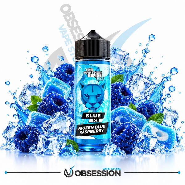 Refresh your vape with The Panther Series Ice Blue Frozen Blue Raspberry, now available at Obsession Vape Store—featuring an ultra-cool burst of iced blue raspberries surrounded by splashing ice crystals for an intensely frosty and rich flavor experience