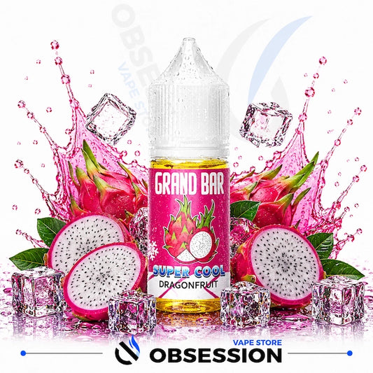 Grand Bar Super Cool Dragonfruit vape juice with dragonfruit and ice cubes on a white background
