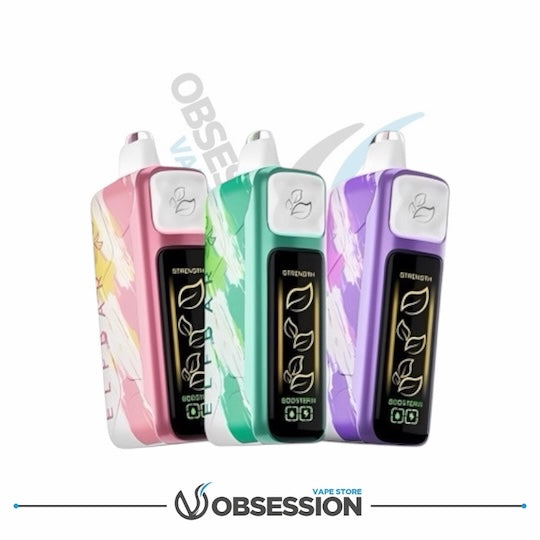 Three colorful vape devices with a visible brand logo on a white background