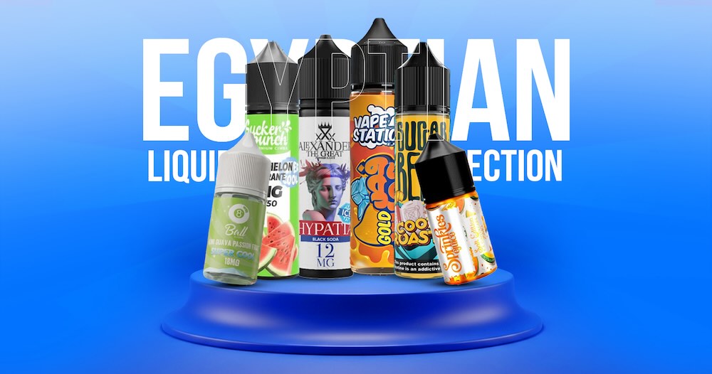 Collection of e-liquid bottles on a blue platform with 'OVSEG' branding.