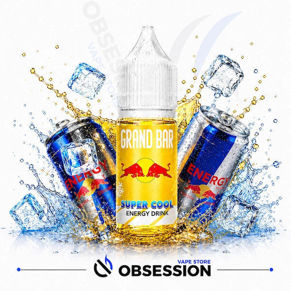 Grand Bar Super Cool Energy Drink bottle with Red Bull energy drink cans and ice cubes on a white background.