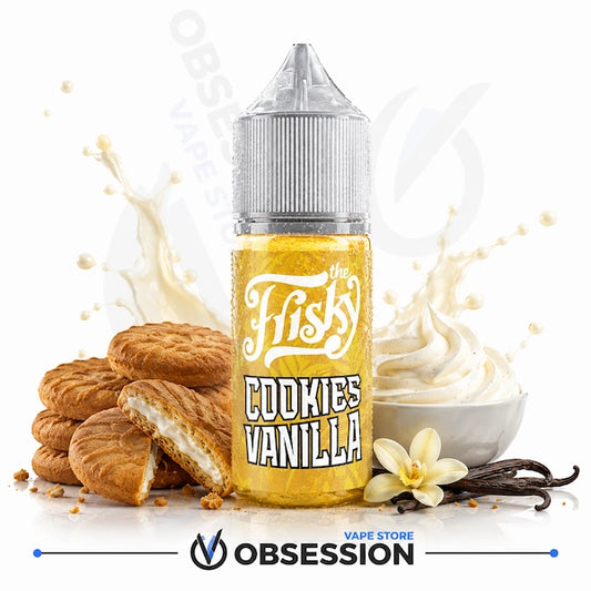 A bottle of 'The Fiski' Cookies Vanilla e-liquid centered on a white background, surrounded by cookies, whipped cream, a vanilla flower, and vanilla beans. The Obsession Vape Store logo is visible at the bottom.
