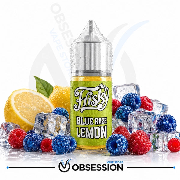 A bottle of e-liquid labeled 'the Fishy BLUE RAZZ LEMOND' surrounded by lemons, blueberries, raspberries, and ice cubes on a white background, with an Obsession vape store watermark and logo.