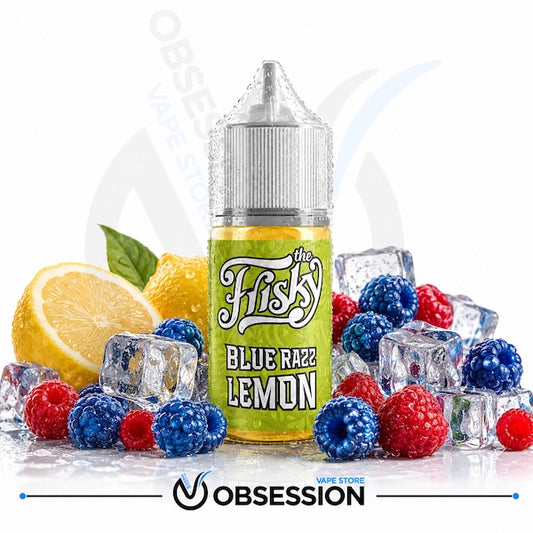 A bottle of e-liquid labeled 'the Fishy BLUE RAZZ LEMOND' surrounded by lemons, blueberries, raspberries, and ice cubes on a white background, with an Obsession vape store watermark and logo.