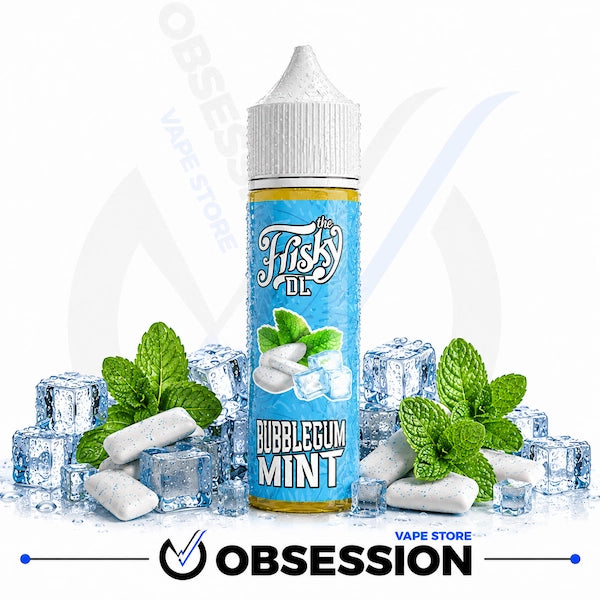 A bottle of Fisk's DL Bubblecum Mint e-liquid centered on a white background, surrounded by ice cubes, mint leaves, and bubblegum candies. The bottle has a blue label and a white cap.
